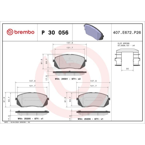 Bremsbelagsatz Scheibenbremse Brembo P30056 Prime Line f&uuml;r Hyundai Kia Kia (dyk)