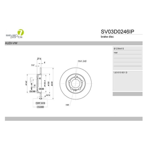 Bremsscheibe 7 Seven Parts SV03D0246IP f&uuml;r Audi Skoda VW Hinterachse