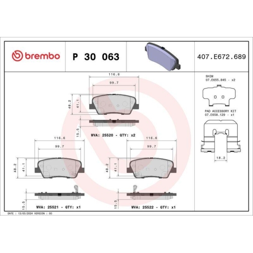 Bremsbelagsatz Scheibenbremse Brembo P30063 Prime Line f&uuml;r Ssangyong Hyundai Kia