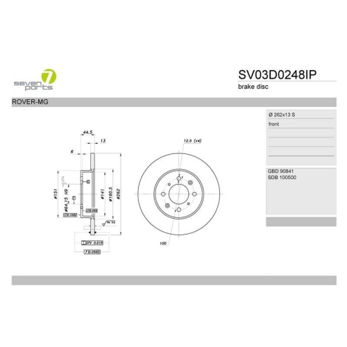 Bremsscheibe 7 Seven Parts SV03D0248IP f&uuml;r MG Rover Vorderachse