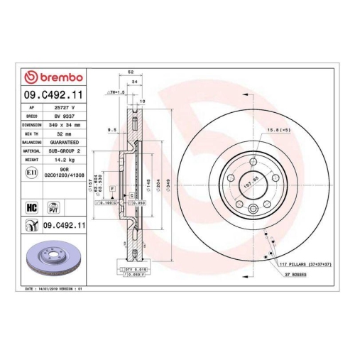 Bremsscheibe Brembo 09.C492.11 Prime Line - Uv Coated f&uuml;r Jaguar Land Rover