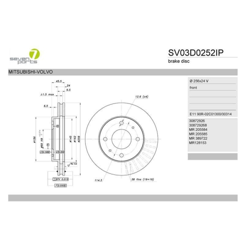 Bremsscheibe 7 Seven Parts SV03D0252IP f&uuml;r Mitsubishi Volvo Vorderachse