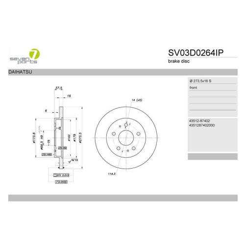 Bremsscheibe 7 Seven Parts SV03D0264IP f&uuml;r Daihatsu Vorderachse