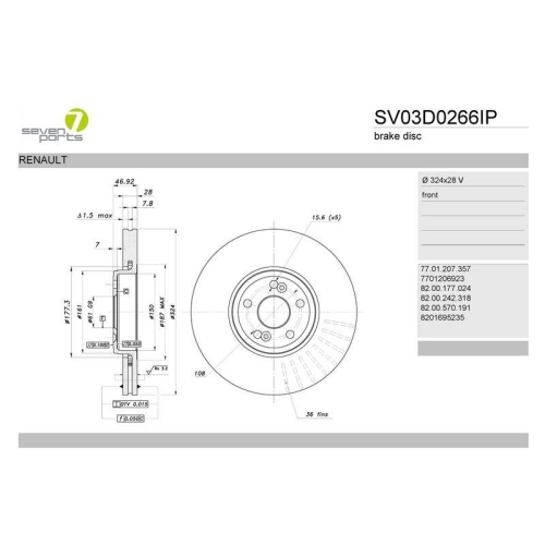 Bremsscheibe 7 Seven Parts SV03D0266IP f&uuml;r Renault Vorderachse