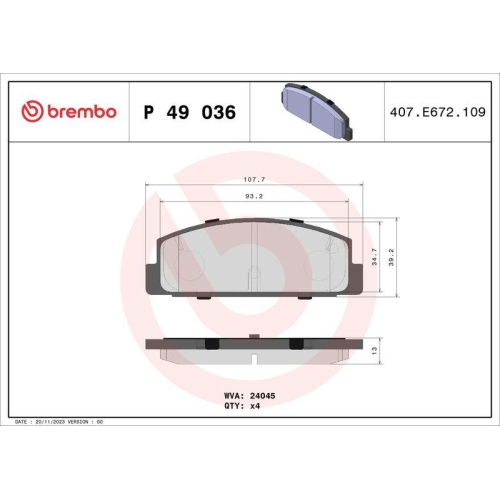 Bremsbelagsatz Scheibenbremse Brembo P49036 Prime Line f&uuml;r Mazda Faw Hinterachse