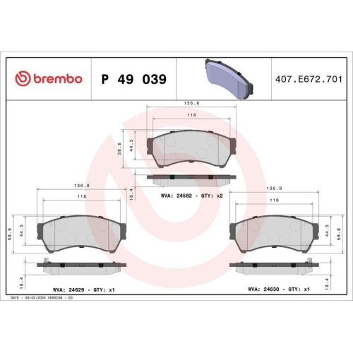 Bremsbelagsatz Scheibenbremse Brembo P49039 Prime Line f&uuml;r Ford Mazda Mitsubishi