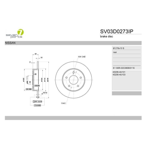 Bremsscheibe 7 Seven Parts SV03D0273IP f&uuml;r Nissan Hinterachse