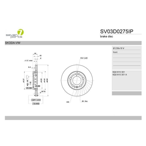 Bremsscheibe 7 Seven Parts SV03D0275IP f&uuml;r Skoda VW Vorderachse