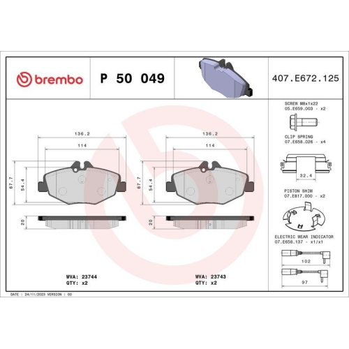 Bremsbelagsatz Scheibenbremse Brembo P50049 Prime Line f&uuml;r Mercedes Benz