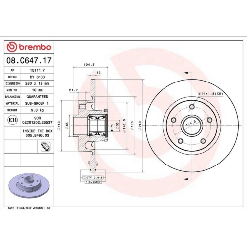 1X Brembo Bremsscheibe Prime Line - With Bearing Kit für Fiat Nissan