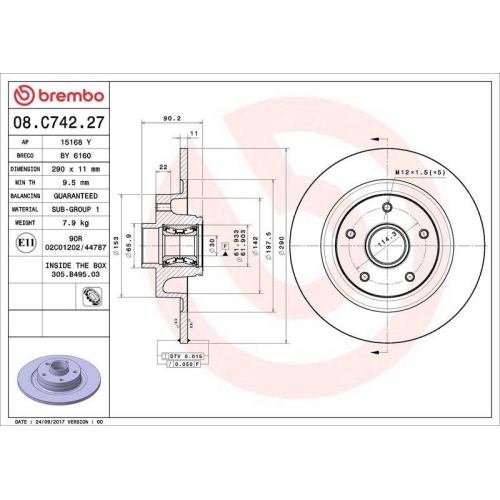 Bremsscheibe Brembo 08.C742.27 Prime Line - With Bearing Kit f&uuml;r Renault