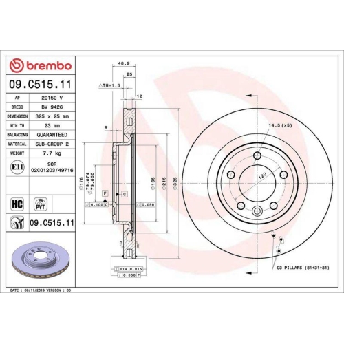 Bremsscheibe Brembo 09.C515.11 Prime Line - Uv Coated f&uuml;r Land Rover Hinterachse