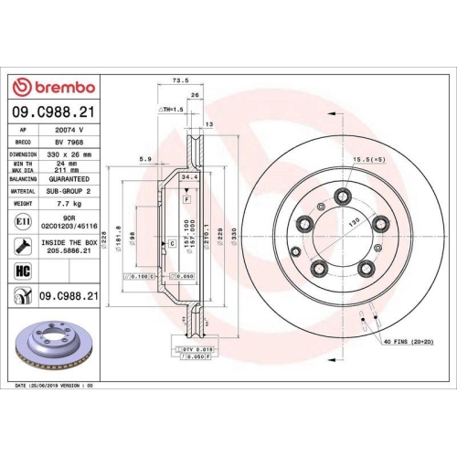 Bremsscheibe Brembo 09.C988.21 Prime Line - Uv Coated f&uuml;r Porsche Hinterachse