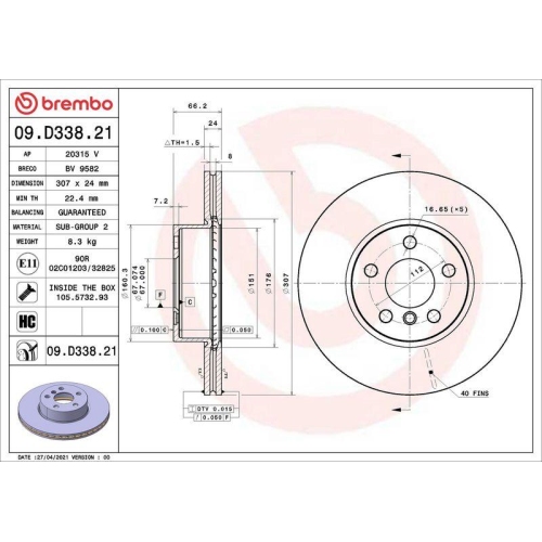 Bremsscheibe Brembo 09.D338.21 Prime Line - Uv Coated für Bmw Bmw (brilliance)