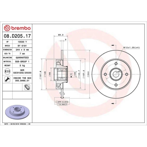 Bremsscheibe Brembo 08.D205.17 Prime Line - With Bearing Kit f&uuml;r Citro&euml;n Opel