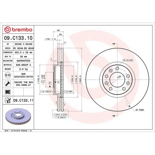 1X Brembo Bremsscheibe Prime Line - Uv Coated f&uuml;r Citro&euml;n Opel Peugeot