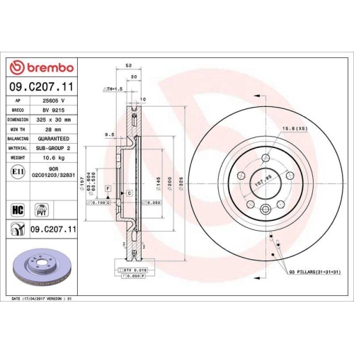 Bremsscheibe Brembo 09.C207.11 Prime Line - Uv Coated f&uuml;r Land Rover Vorderachse