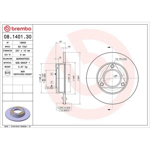 Bremsscheibe Brembo 08.1401.30 Prime Line f&uuml;r Peugeot Vorderachse