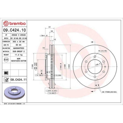 Bremsscheibe Brembo 09.C424.11 Prime Line - Uv Coated f&uuml;r Ford Mazda Ford Usa