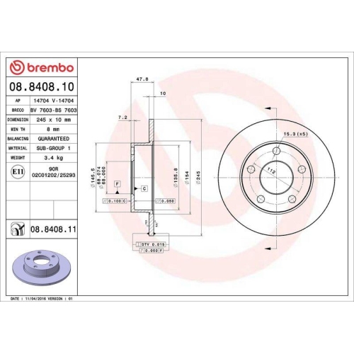 Bremsscheibe Brembo 08.8408.11 Prime Line - Uv Coated f&uuml;r Audi VW Hinterachse