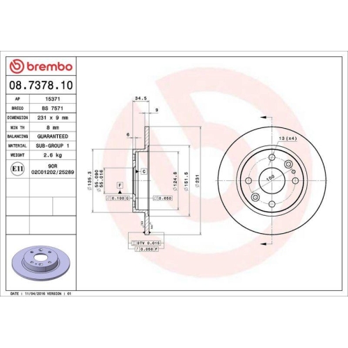 Bremsscheibe Brembo 08.7378.10 Prime Line f&uuml;r Mazda Hinterachse
