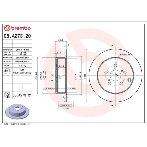 2X Brembo Bremsscheibe Hinterachse Prime Line - Uv Coated f&uuml;r Toyota