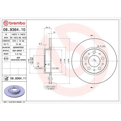 Bremsscheibe Brembo 08.9364.11 Prime Line - Uv Coated f&uuml;r Alfa Romeo Hinterachse