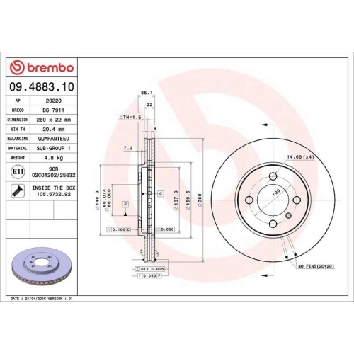 Bremsscheibe Brembo 09.4883.10 Prime Line f&uuml;r Bmw Vorderachse