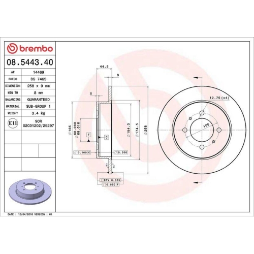 Bremsscheibe Brembo 08.5443.40 Prime Line f&uuml;r Nissan Hinterachse