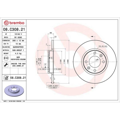 Bremsscheibe Brembo 08.C308.21 Prime Line - Uv Coated f&uuml;r Citro&euml;n Opel Peugeot