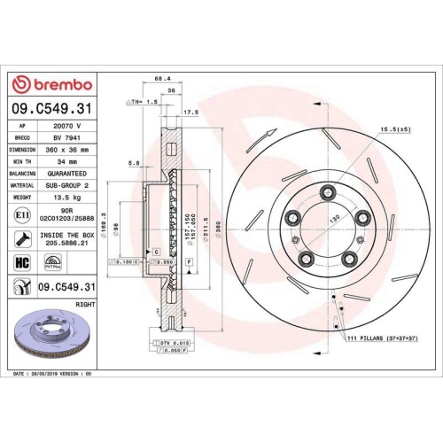 1X Brembo Bremsscheibe Vorderachse Prime Line - Uv Coated f&uuml;r Porsche