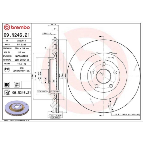 1X Brembo Bremsscheibe Vorderachse Prime Line - Uv Coated f&uuml;r Jeep