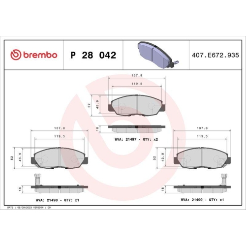 Bremsbelagsatz Scheibenbremse Brembo P28042 Prime Line f&uuml;r Honda Nissan Acura