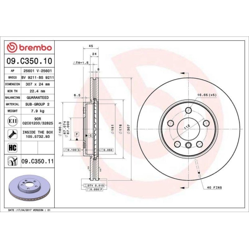 Bremsscheibe Brembo 09.C350.11 Prime Line - Uv Coated f&uuml;r Bmw Mini Vorderachse