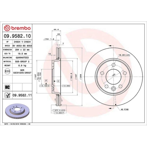 Bremsscheibe Brembo 09.9582.11 Prime Line - Uv Coated f&uuml;r VW Hinterachse