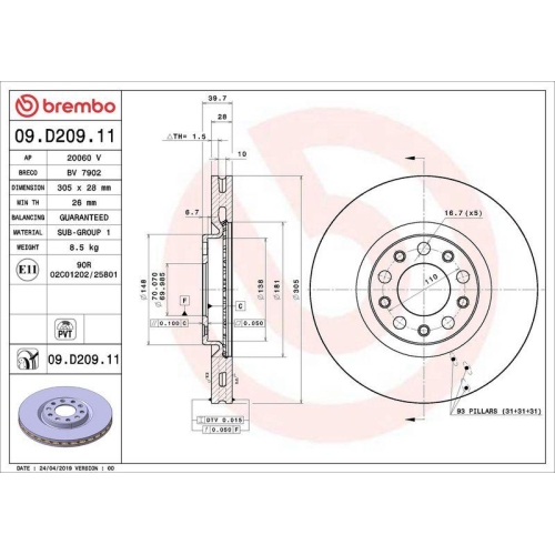 Bremsscheibe Brembo 09.D209.11 Prime Line - Uv Coated f&uuml;r Alfa Romeo Fiat Jeep