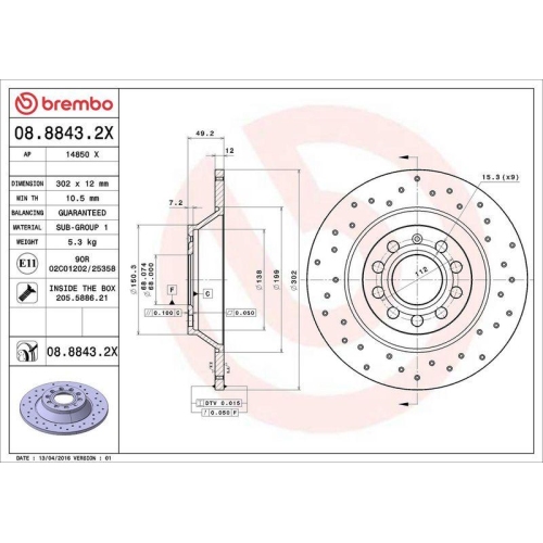 Bremsscheibe Brembo 08.8843.2X Xtra Line - Xtra f&uuml;r Audi Audi (faw) Hinterachse