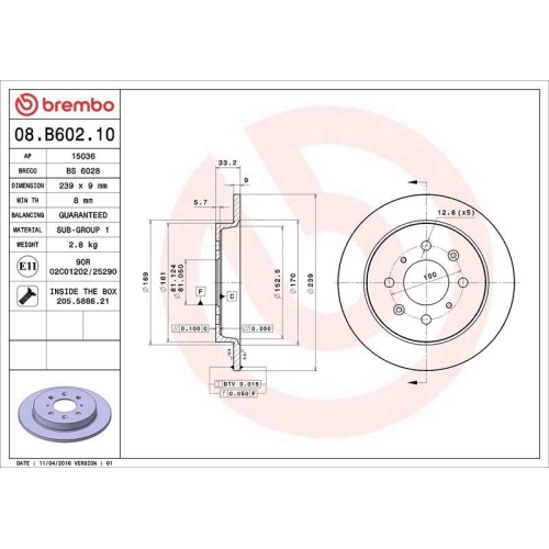 Bremsscheibe Brembo 08.B602.10 Prime Line f&uuml;r Honda Honda (gac) Hinterachse