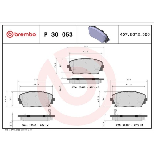 Bremsbelagsatz Scheibenbremse Brembo P30053 Prime Line f&uuml;r Kia Vorderachse