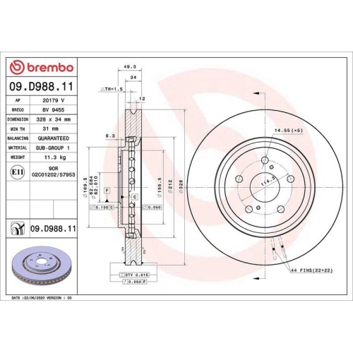 Bremsscheibe Brembo 09.D988.11 Prime Line - Uv Coated f&uuml;r Subaru Toyota Lexus