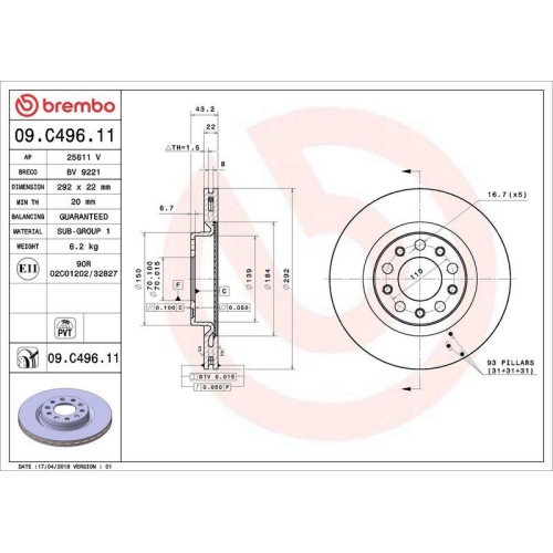Bremsscheibe Brembo 09.C496.11 Prime Line - Uv Coated f&uuml;r Alfa Romeo Hinterachse