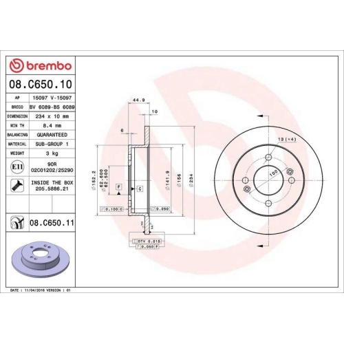 Bremsscheibe Brembo 08.C650.11 Prime Line - Uv Coated f&uuml;r Hyundai Hinterachse
