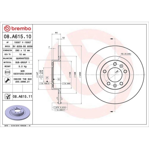 Bremsscheibe Brembo 08.A615.11 Prime Line - Uv Coated für Peugeot Hinterachse