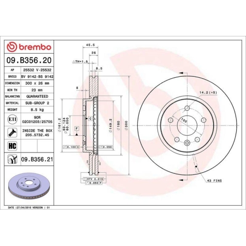 1X Brembo Bremsscheibe Prime Line - Uv Coated f&uuml;r Opel Vauxhall Buick