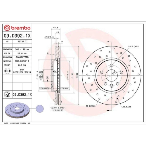 Bremsscheibe Brembo 09.D392.1X Xtra Line - Xtra f&uuml;r Opel Vauxhall Buick (sgm)