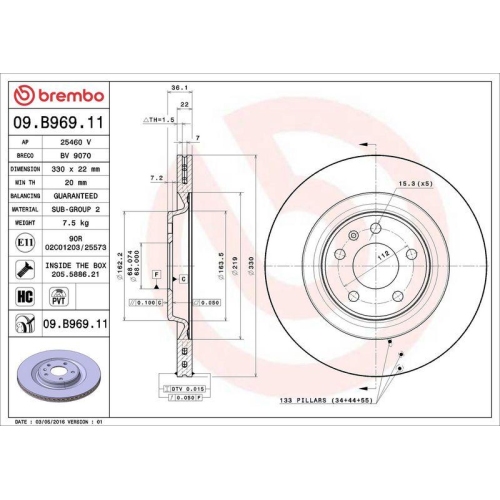 Bremsscheibe Brembo 09.B969.11 Prime Line - Uv Coated f&uuml;r Audi Porsche VW