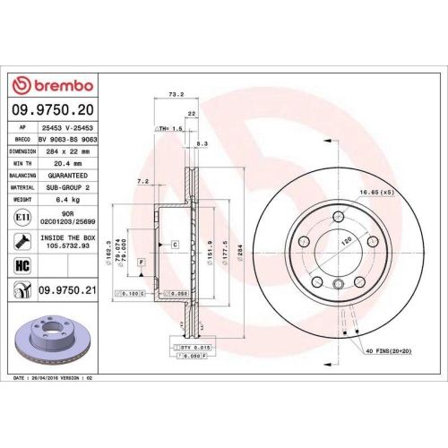 Bremsscheibe Brembo 09.9750.21 Prime Line - Uv Coated f&uuml;r Bmw Vorderachse