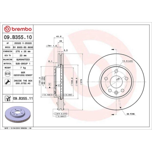 Bremsscheibe Brembo 09.B355.11 Prime Line - Uv Coated f&uuml;r Gmc Opel Vauxhall