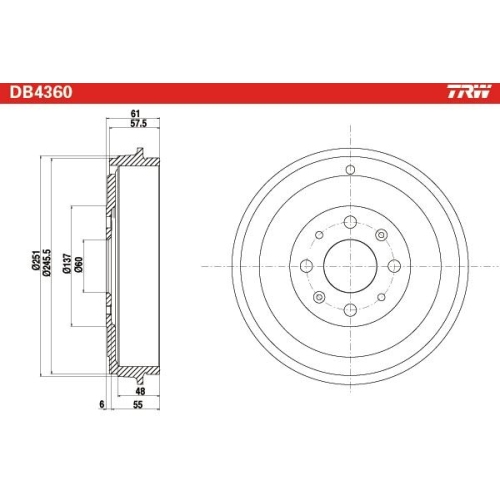 Brake Drum Trw DB4360 for Fiat Opel Vauxhall Rear Axle