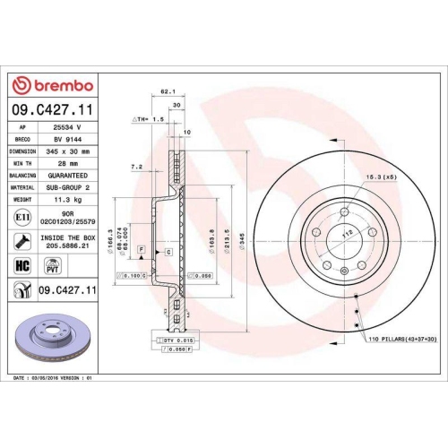 1X Brembo Bremsscheibe Vorderachse Prime Line - Uv Coated f&uuml;r Audi